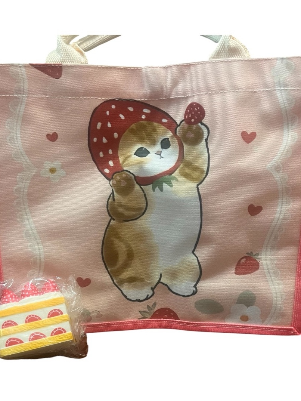 Mofusand strawberry themed tote with strawberry squish